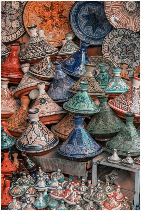 Colorful Moroccan tagine pots artfully stacked, sh
