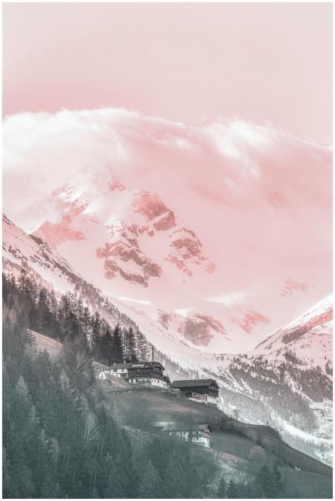 A picturesque snowy mountain landscape with pine t