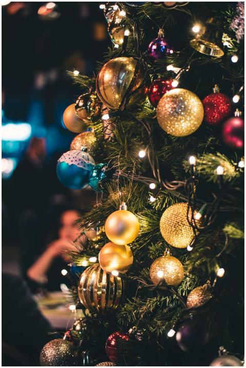 Close-up of a Christmas tree adorned with vibrant