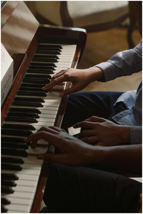 Two individuals playing piano together in a close-
