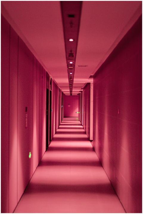 A long corridor illuminated with pink lights creat