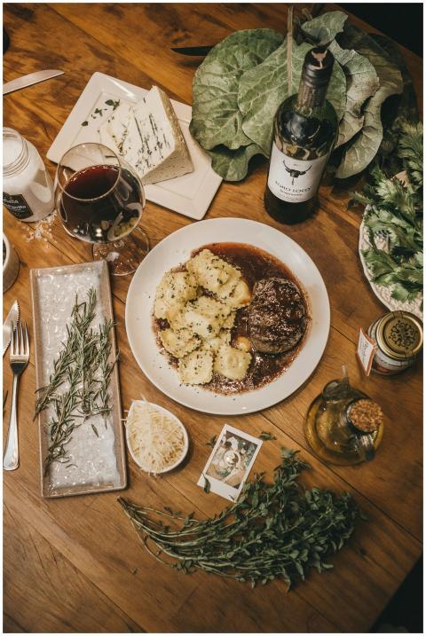 Top view of an elegant dinner table setting with s