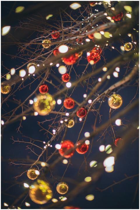 Twinkling red and gold baubles with fairy lights a