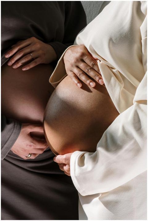 A close-up view showing two pregnant women embraci