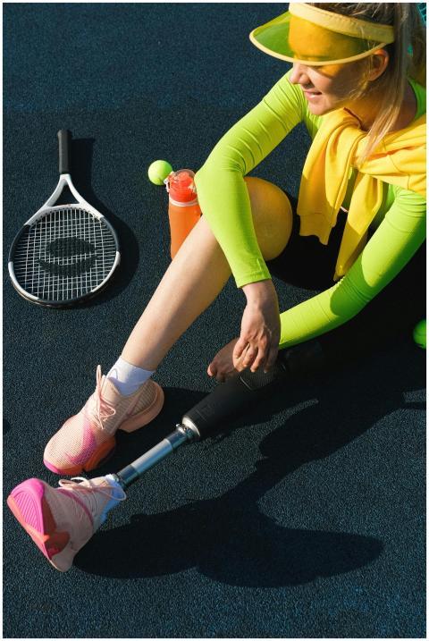Woman with prosthetic leg sitting on court with te