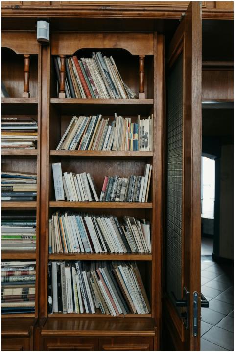 A neatly arranged wooden bookshelf filled with var