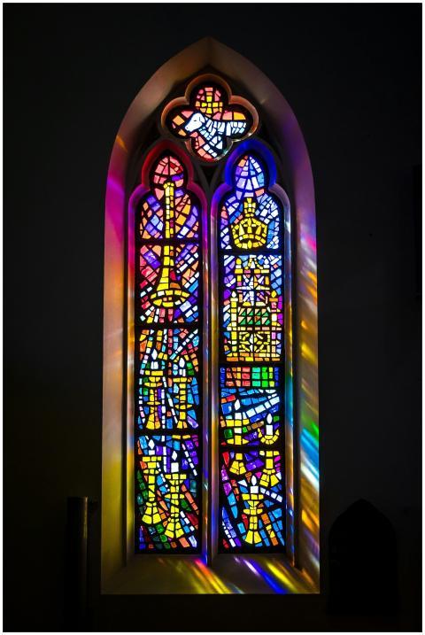 Colorful stained glass window in a church captured