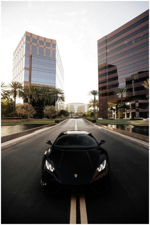 Black Lamborghini driving on a city street flanked