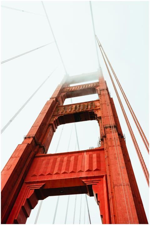 From below of famous red Golden Gate Bridge hidden