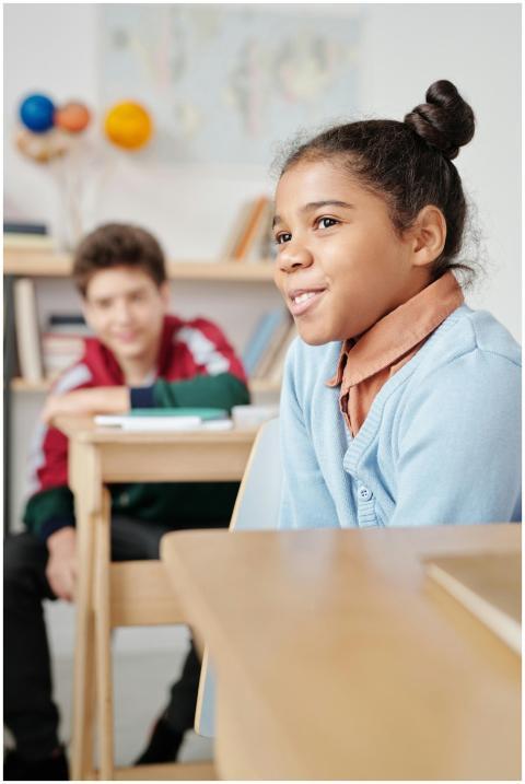 Two students in a classroom setting, focusing and