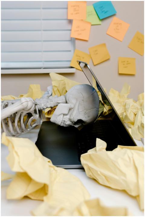Humorous scene of skeleton at laptop, highlighting