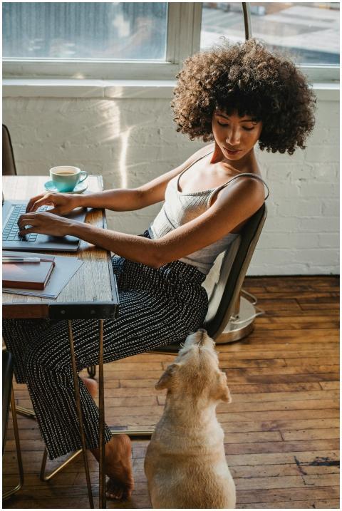 Young woman working from home on a laptop with her