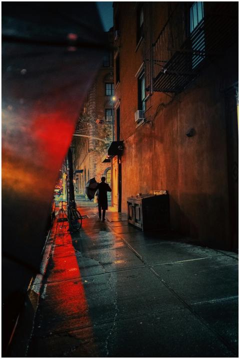 Back view of anonymous person with umbrella walkin