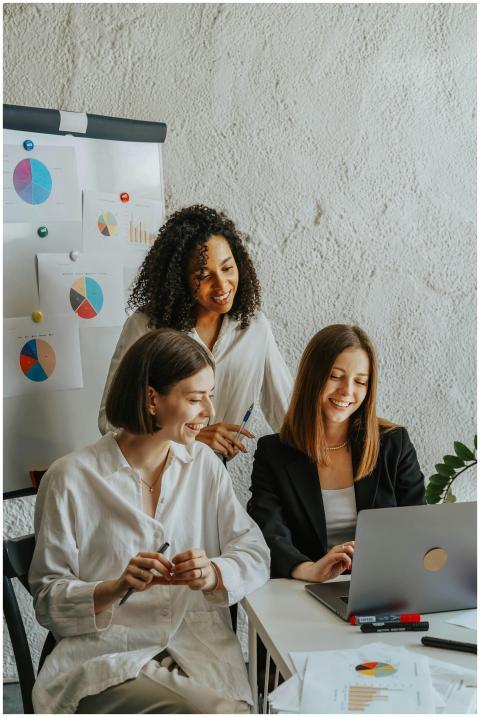 Three businesswomen collaborate with graphs and a