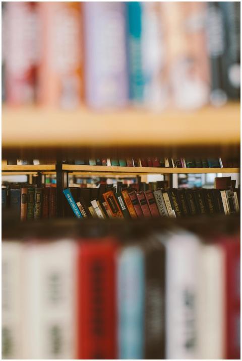 Artistic shot of books on a shelf with a blurred f