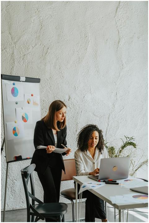 Two businesswomen analyzing graphs on a whiteboard