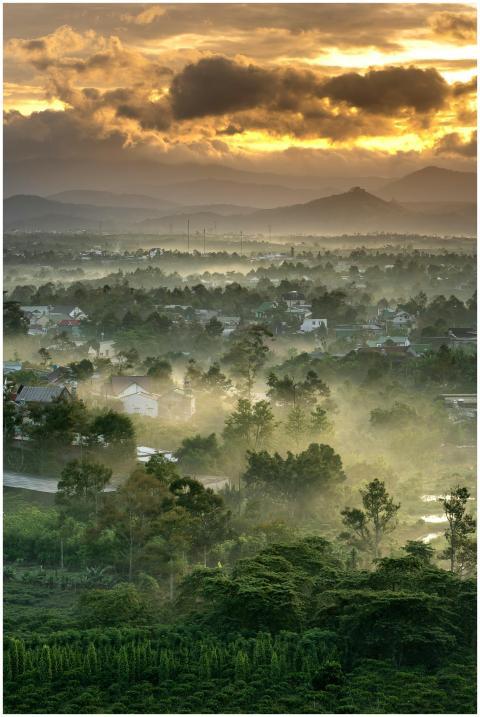 Beautiful misty mountain landscape with scattered