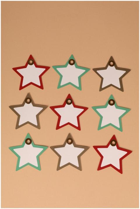 Nine star-shaped Christmas gift tags in red, green