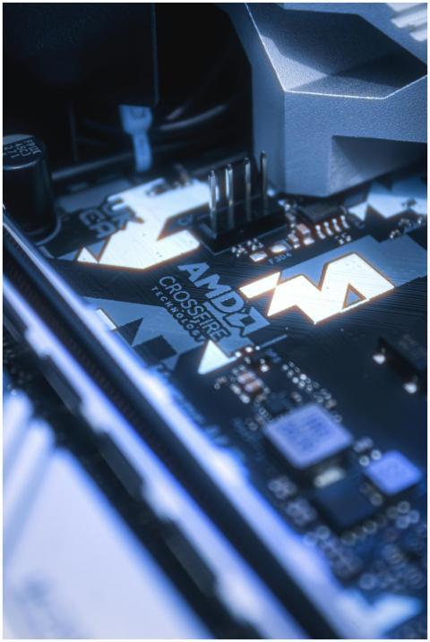 Detailed view of AMD CrossFireX technology on a mo