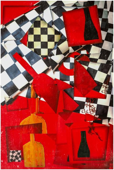 Dynamic abstract artwork featuring bold reds, chec