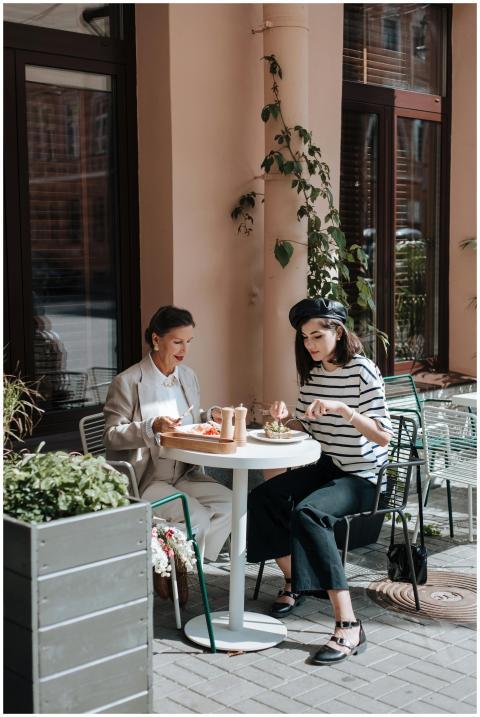Stylish women enjoying brunch at a trendy outdoor