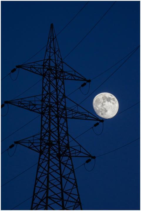 Silhouette of power lines with a full moon backdro