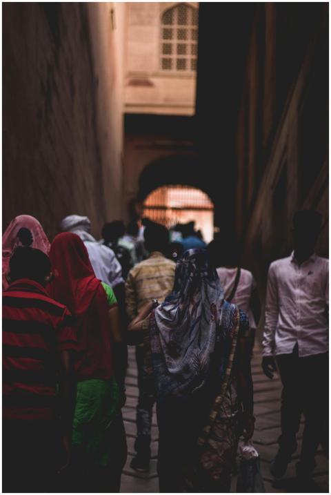A group of Indian pilgrims in traditional attire w