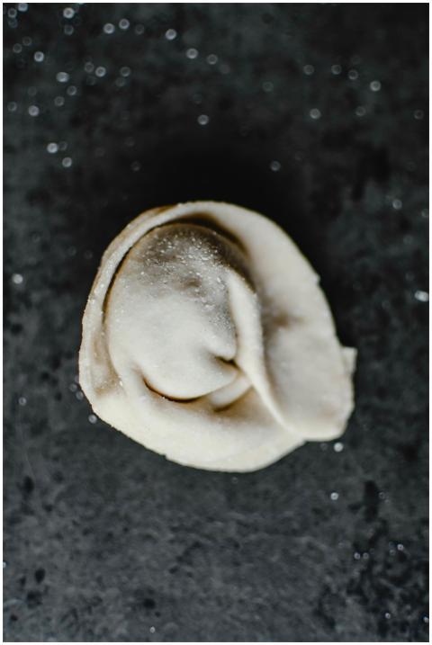 Close-up of a single pelmeni dumpling on a dark sl