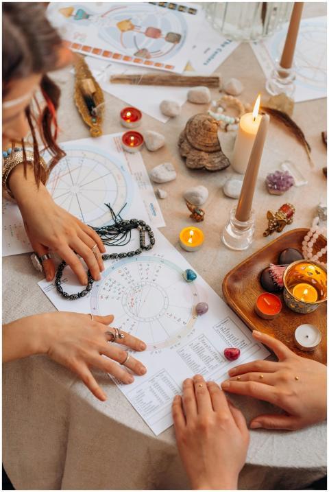 Hands arranging astrology charts with candles and