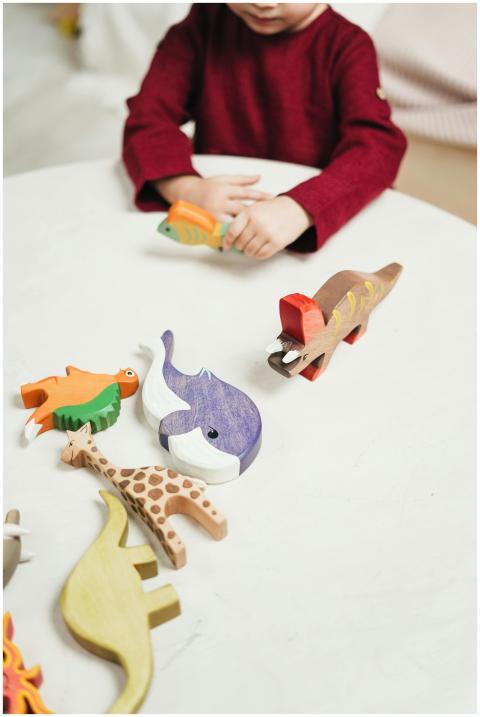 A child playing with colorful wooden animal toys o