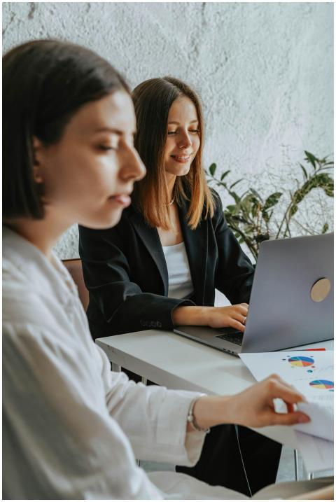 Two women working together on a laptop in an offic