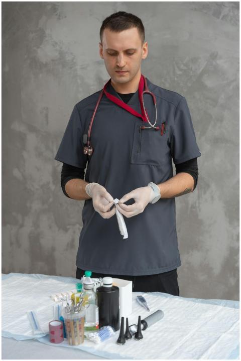 Veterinarian in scrub suit prepares medical equipm
