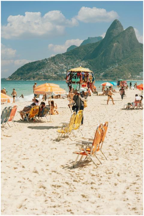 Sunny day at Ipanema Beach, Rio, with vibrant umbr