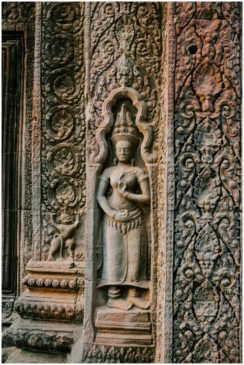 Detailed carving at Angkor Wat temple in Cambodia,