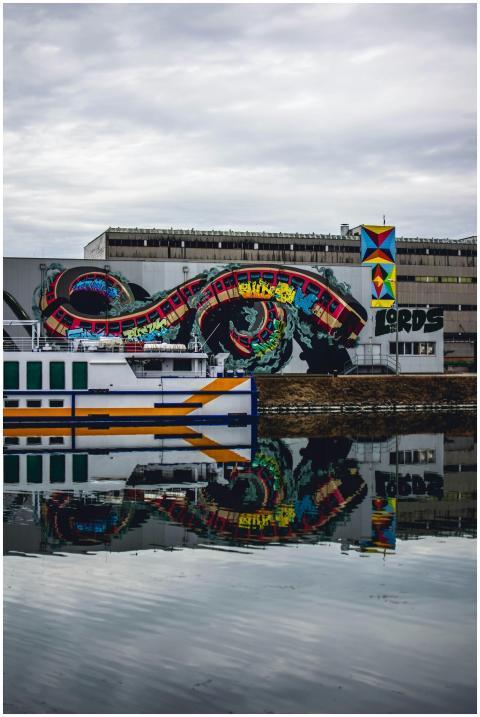 A vibrant street art mural reflecting on a waterfr