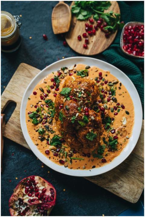 Delicious roasted cauliflower with vibrant garnet