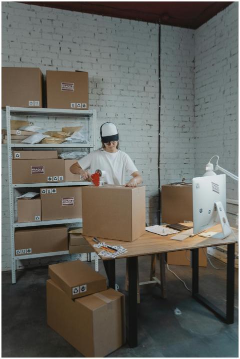 A warehouse worker in uniform packaging boxes for