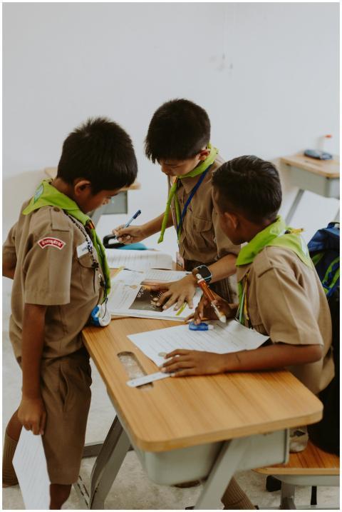 Children in school uniforms working together at a