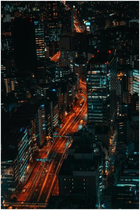 Vibrant aerial shot of Shibuya's illuminated skyli