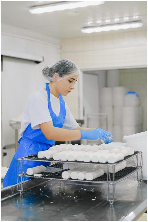 Woman worker in cheese production line at dairy fa