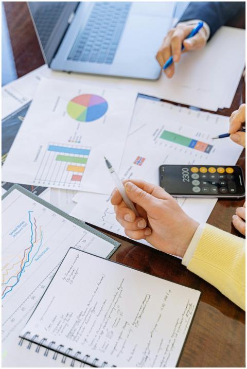 A close-up of businesspeople analyzing financial d