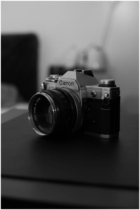 A vintage Canon film camera captured in an artisti