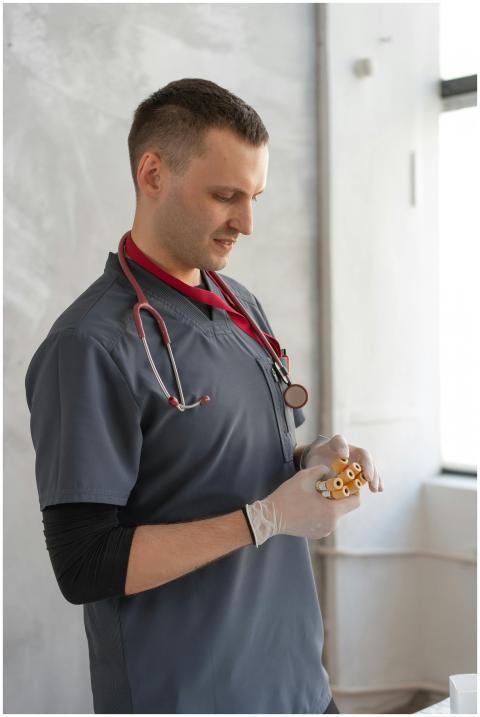 Medical professional in scrubs examining test samp