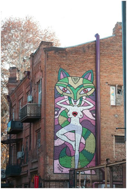 Colorful graffiti on a brick wall in Tbilisi, Geor