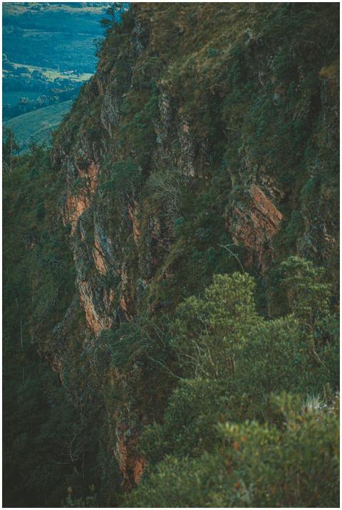 A stunning view of a lush green cliff surrounded b