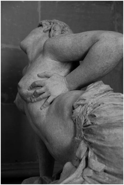 Close-up black and white photo of an artistic fema