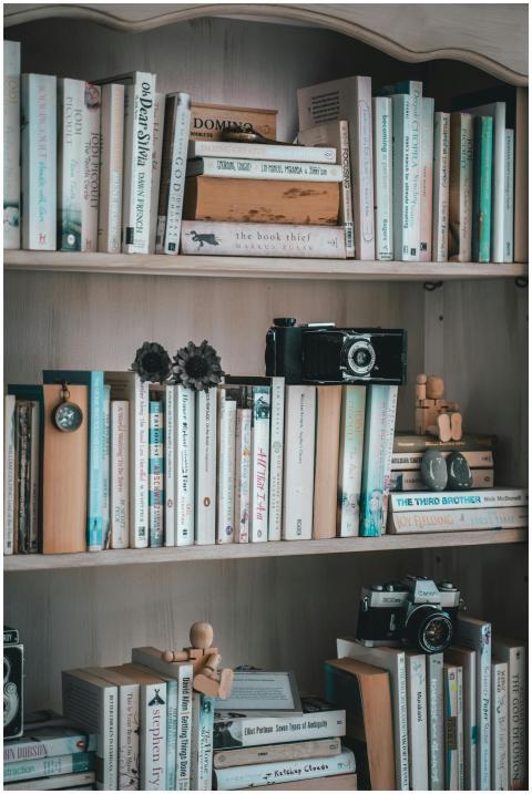 A cozy vintage bookshelf filled with books, camera