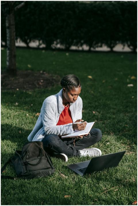 Full body of young black woman in casual outfit wi