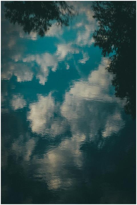 Capture of clouds and trees reflected on a serene
