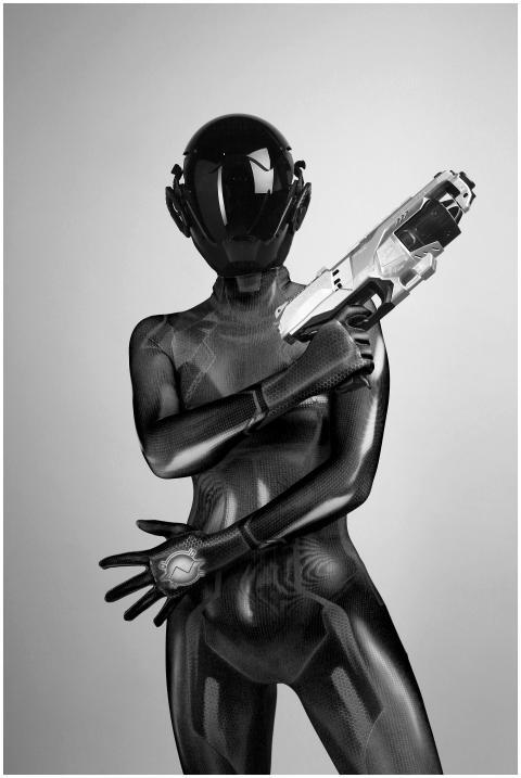 A futuristic character wearing a sleek bodysuit an